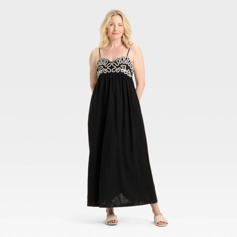 a new day Black Maxi Dress with White Embroidered Bodice